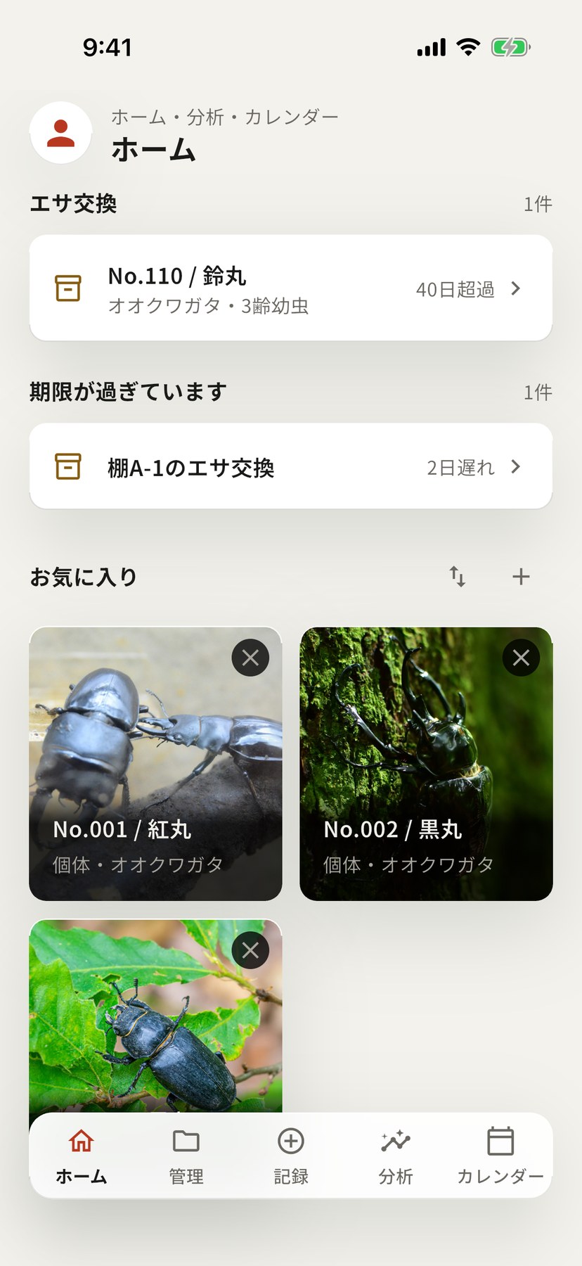甲虫手帳のホーム画面